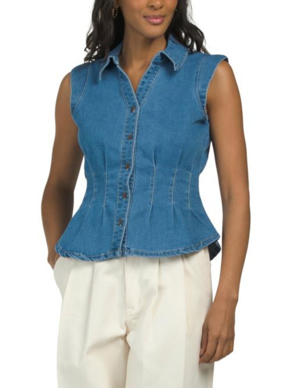 BAGATELLE COLLECTION Denim Cinched Waist Collared Top
